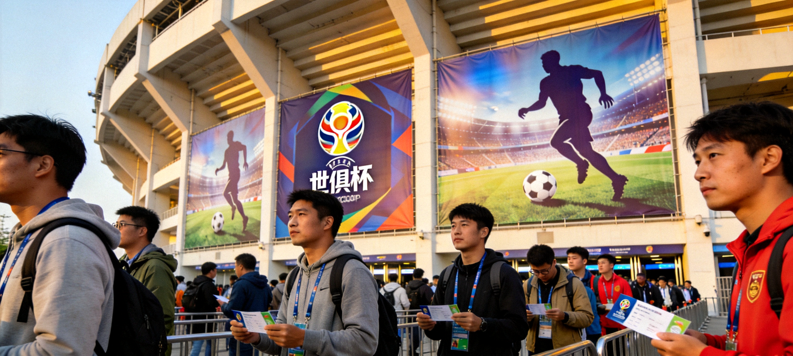 世俱杯比赛场馆外景，观众有序入场，场馆外墙悬挂着巨幅赛事海报